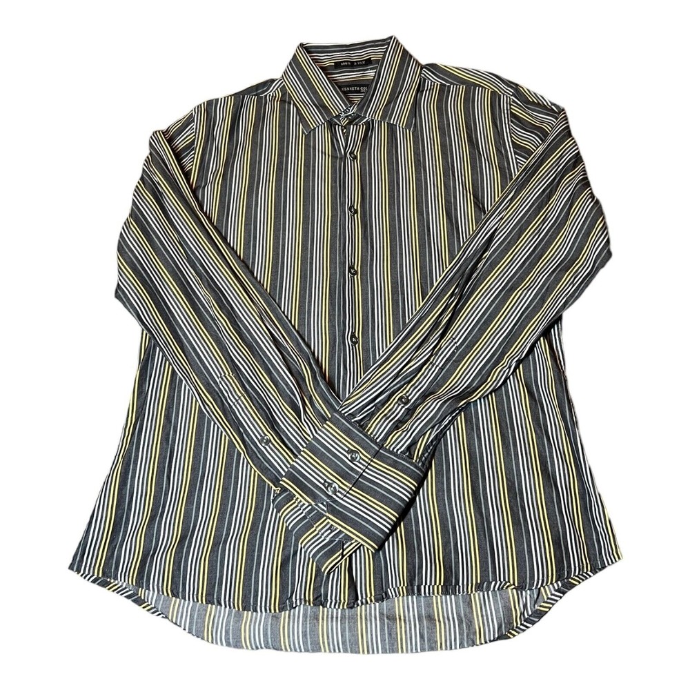 Kenneth Cole 100's 2 Ply Multicolored Button Down Striped Dress Shirt Men Size M